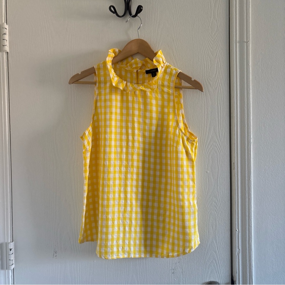 J.Crew Yellow Gingham Sleeveless Ruffle Neck Top Women’s Size Small
